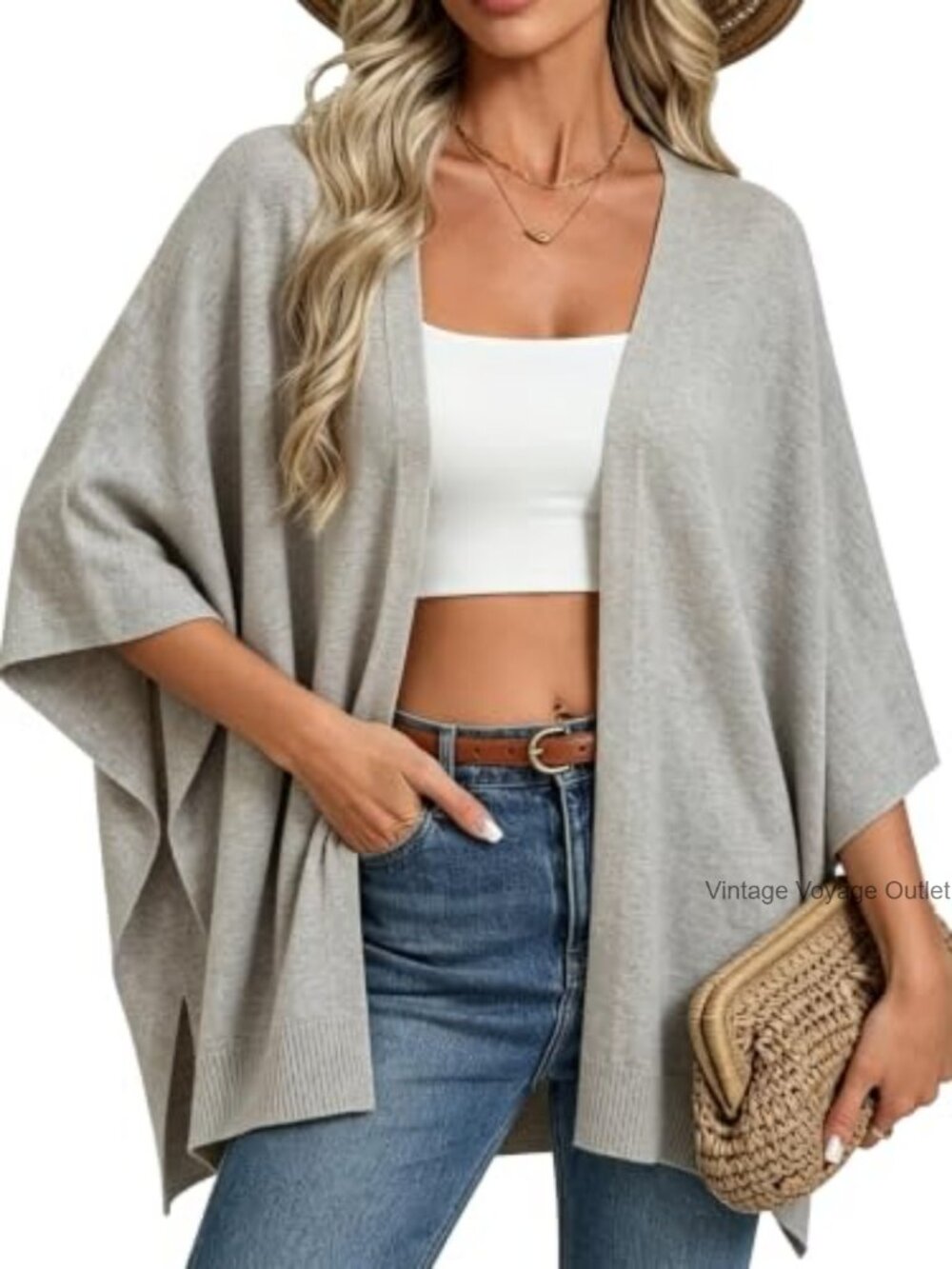 Knit Open Front Poncho Shawl Wrap Kimono Cardigan Cape w/ Batwing Sleeves